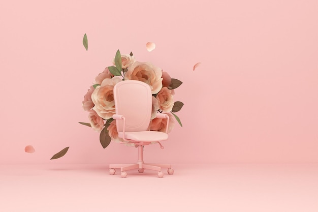 Swivel chair with falling colorful flowers on pastel pink background Advertisement idea