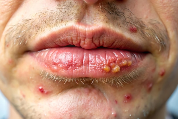 Photo swollen and blistered skin on lip area due to herpes