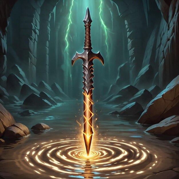 Photo a sword in a dark cave with a dark background