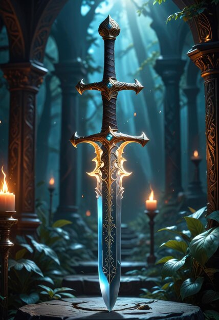 Photo a sword in a dark forest with a lit candle in the middle