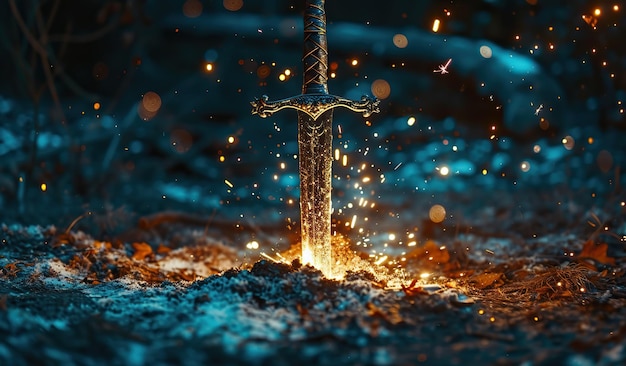 Sword embedded in the ground sparkling with magic The concept of fantasy and power