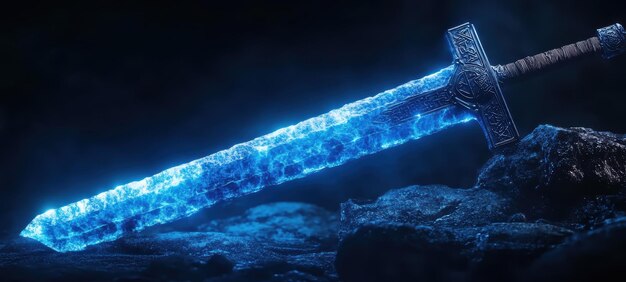 Photo a sword forged from blue crystal its blade glowing with a faint light