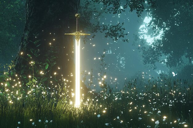 Photo a sword in the grass with a background of trees and flowers