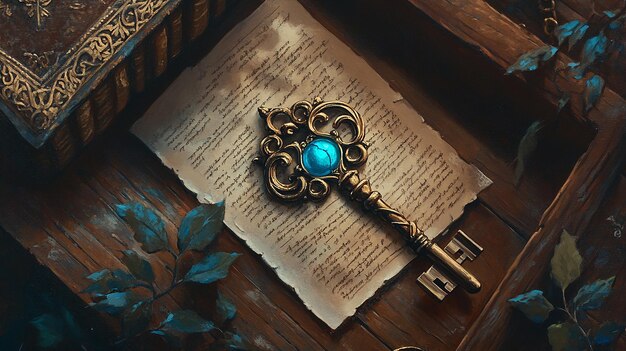 Photo a sword is open to a page with a blue stone on it