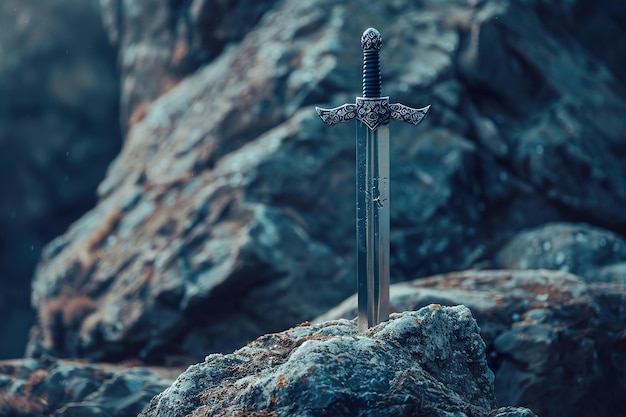 Photo a sword is on a rock in front of a large rock wall