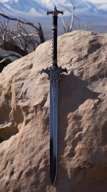 Photo a sword is shown in a rock with a stone background