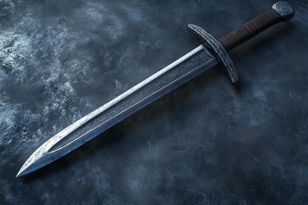 a sword laying on a black surface with a dark background