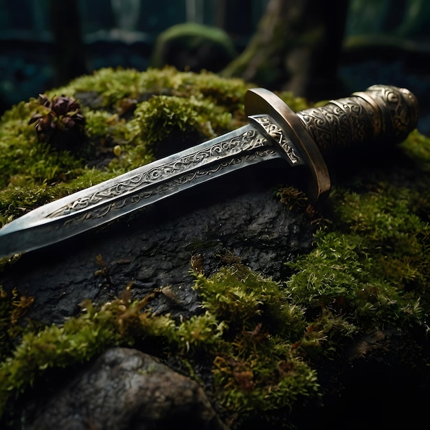 a sword laying on a log with moss on it