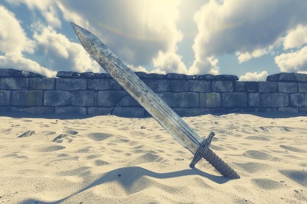 Photo a sword laying in the sand with the sky in the background