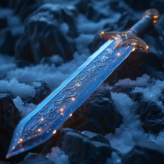 a sword laying on top of a pile of ice