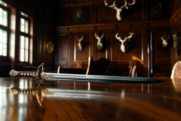 Photo a sword laying on a wooden table with a picture of a deer head on the floor