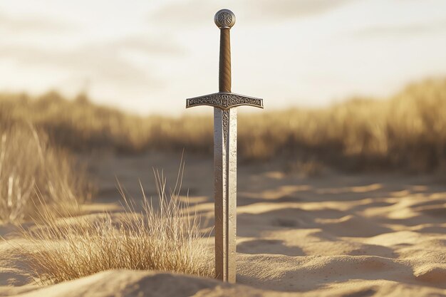 Photo a sword in the sand with a stone on it