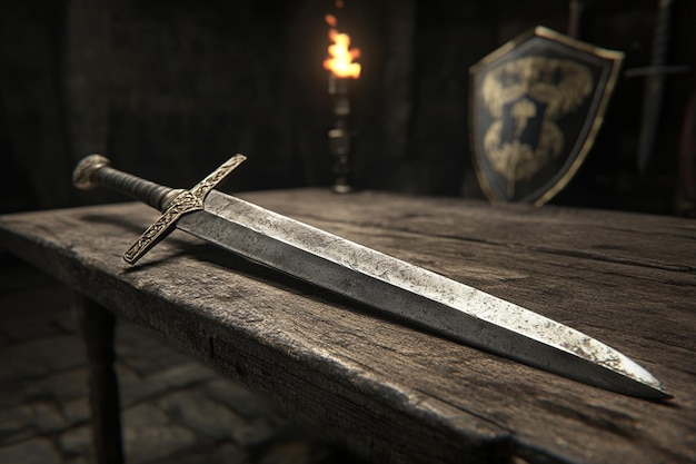 a sword sits on a table with a lit fire in the background