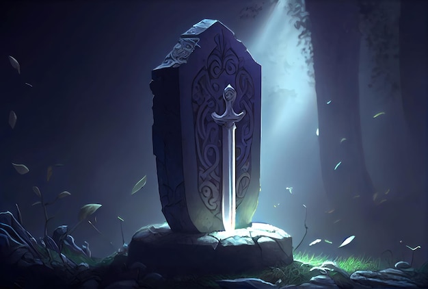 Sword in the stone pedestal Fantasy and items concept Generative AI