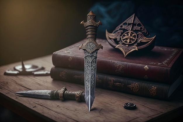 A sword on a table with a book and a sword on it