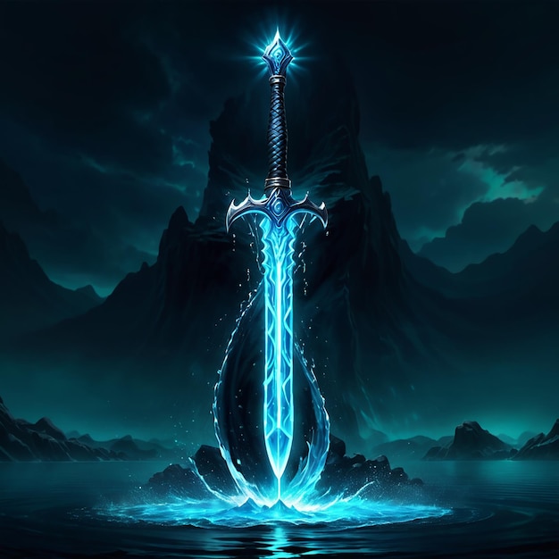 a sword in the water with a star on it