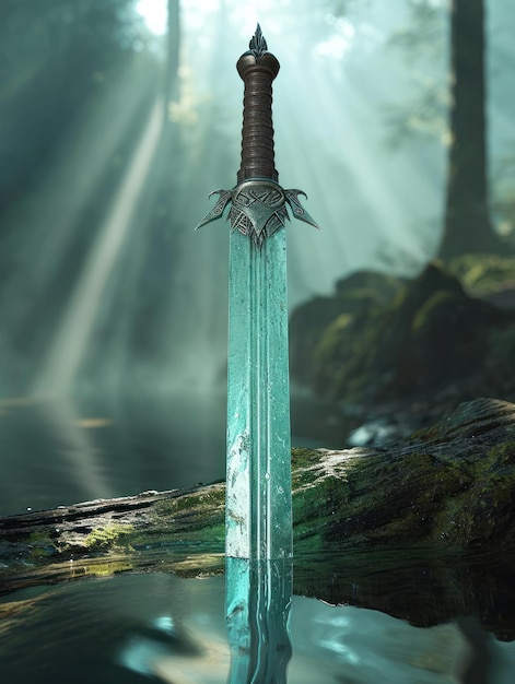 A sword in water with sunlight shining through the trees