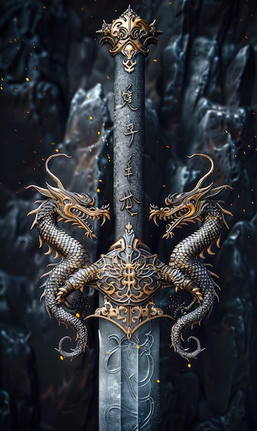 sword weapon with old vintage ornament detail on black background ai generated