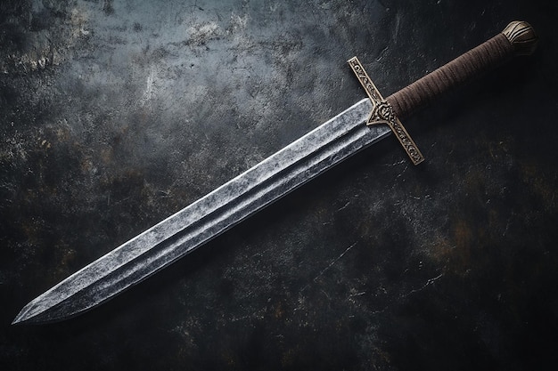 a sword with a black background and a silver metal handle