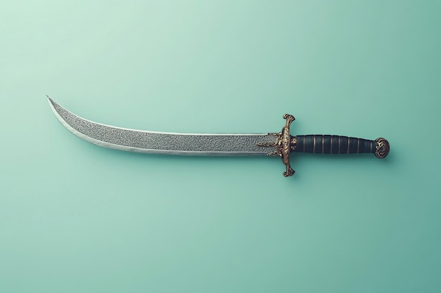 a sword with a black handle is laying on a green surface