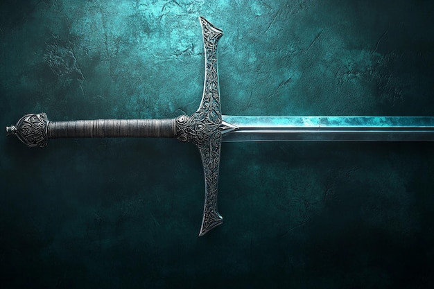 Photo a sword with a blue background and a green background with a stone on the left