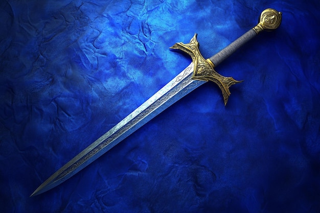 a sword with a blue background and a pattern of gold stars