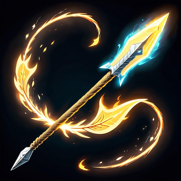 a sword with a blue flame and a blue and yellow flames