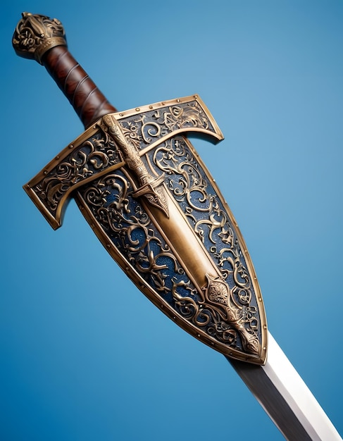 a sword with a blue and gold design on the front