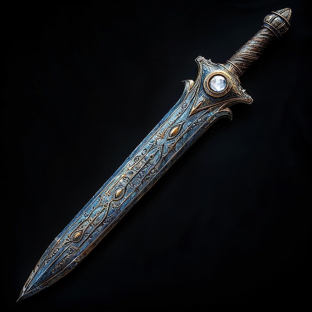 Photo a sword with a blue and gold design on it