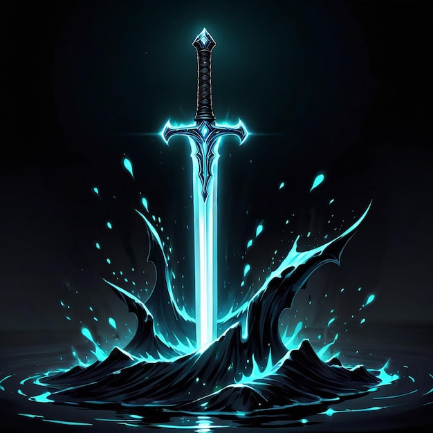 Photo a sword with a blue and green background with a blue and green light