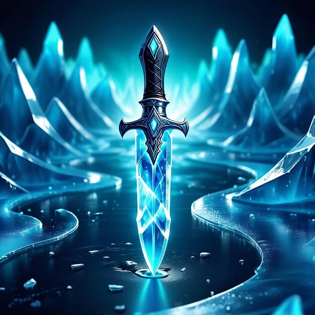 Photo a sword with a blue and green background with ice and water drops