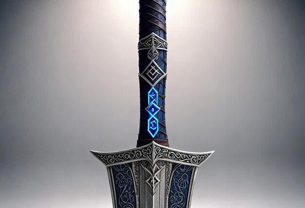 a sword with a blue and green design on the front and the word  im on the bottom