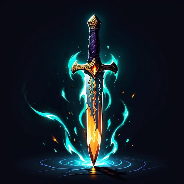 a sword with a blue and green flame on it