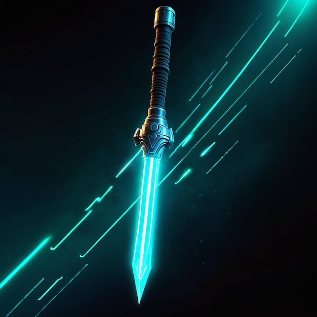 Photo a sword with a blue light on it is in the dark