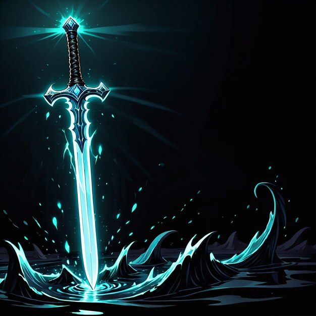 Photo a sword with a blue light on it and the word  sword  on the bottom