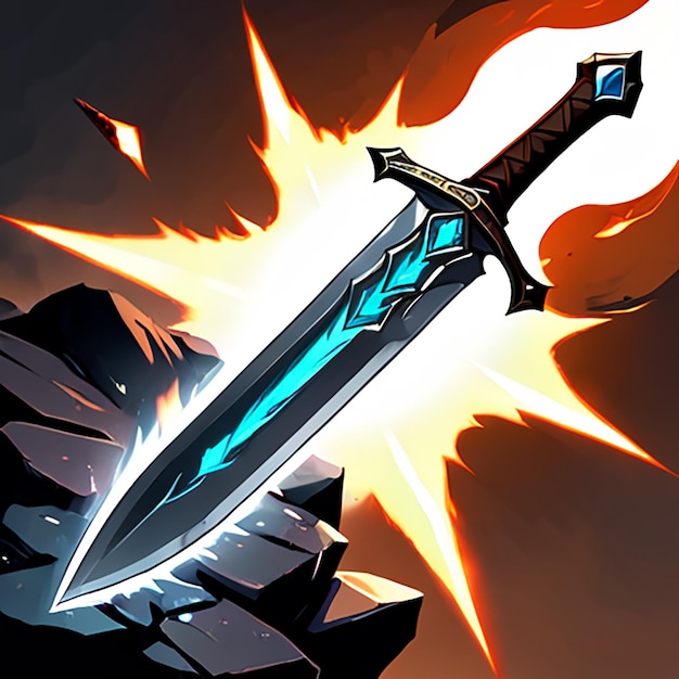 a sword with a blue shield on it is in a dark background