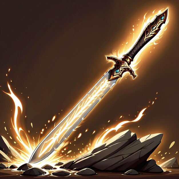 Photo a sword with a flame on it is in front of a dark background