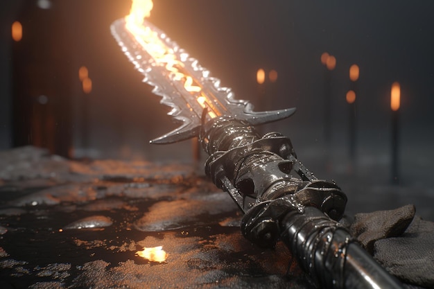 A sword with a flame on it