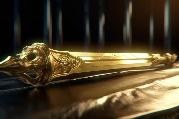 A sword with a gold crown on it