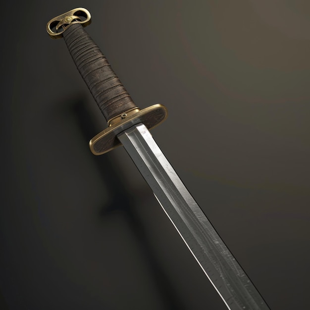 A sword with a gold handle and a black blade