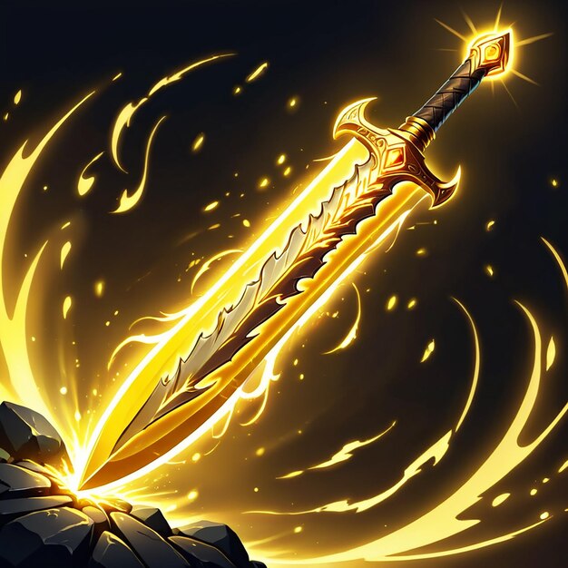 Photo a sword with a gold handle is lit up with a flame