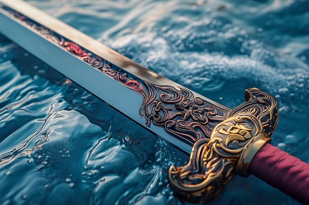 Photo a sword with a gold handle sits in the water