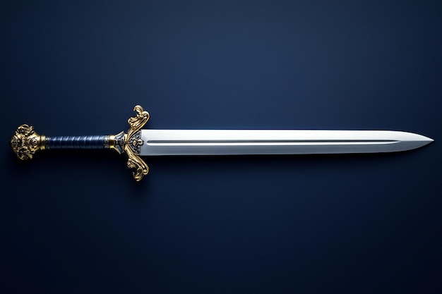 Photo a sword with a gold sword on it is laying on a blue background