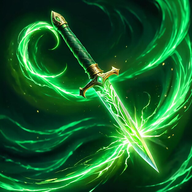 Photo a sword with a green background and a green swirl