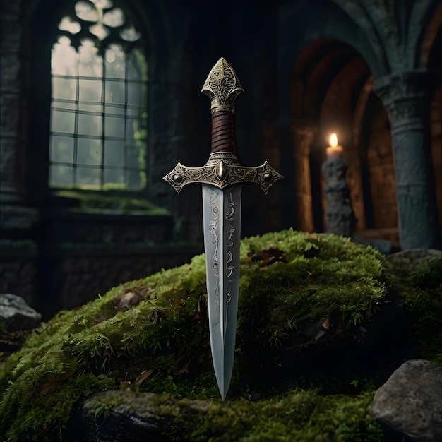 a sword with moss on it sits on a rock in an old building