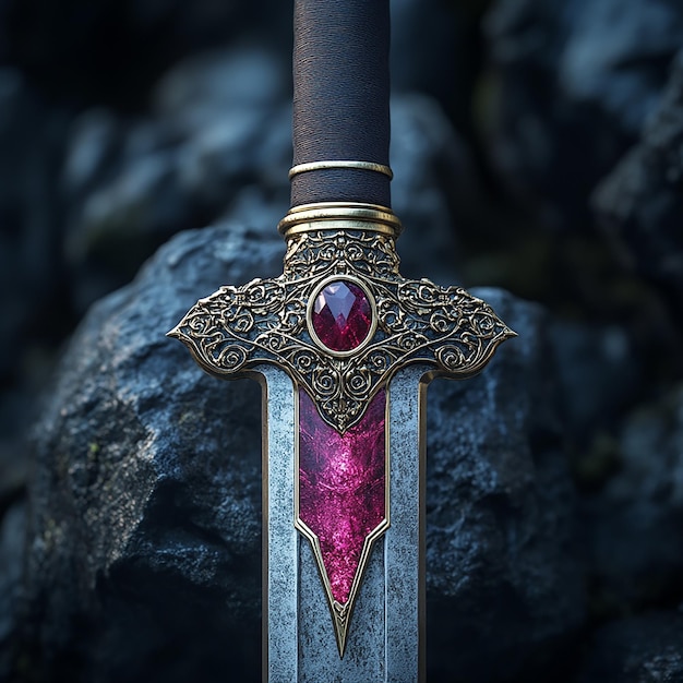 Photo a sword with a pink stone and a pink stone in the background