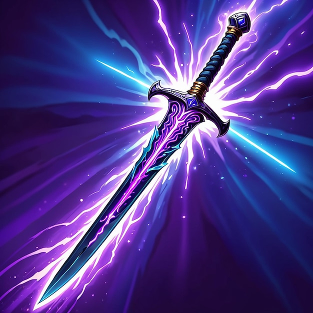 a sword with a purple background and a purple background with lightning bolts