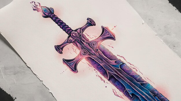 Photo a sword with a purple and blue design on it