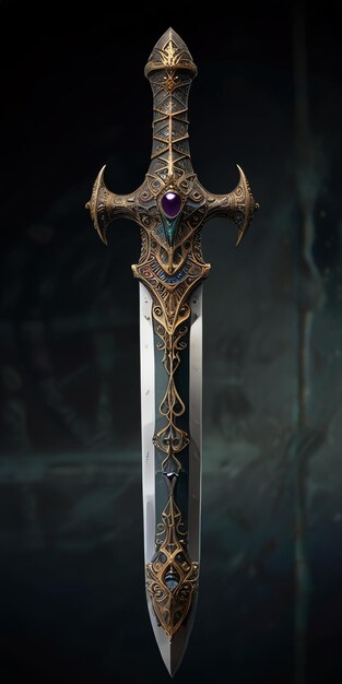 Photo a sword with a purple stone and a stone on it