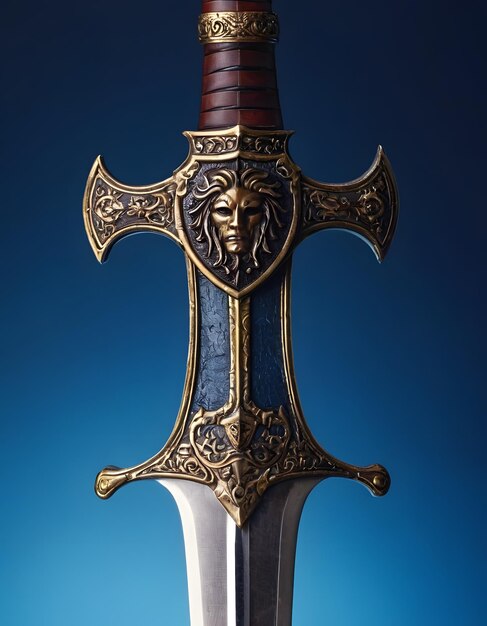 a sword with a red cap and a crown on it